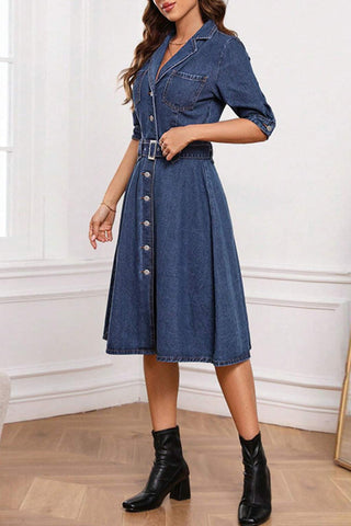 Half Sleeve Belted Denim Dress
