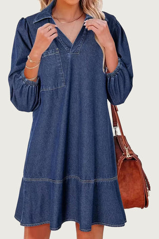 V-Neck Denim Dress with Puffed Sleeves