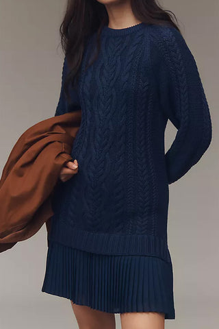 Cable Knit Casual Dress with Pleated Skirt