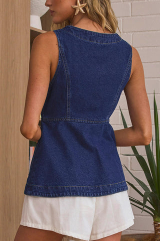 Sleeveless Button-Front Denim Top