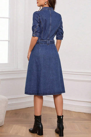 Half Sleeve Belted Denim Dress