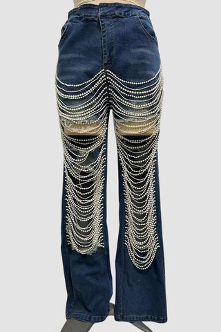 Beaded Cutout Straight-Leg Jeans