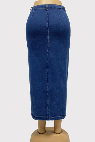Denim High Slit Pencil Skirt