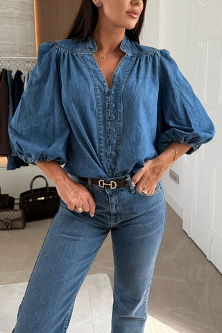 Button-Front Puff Sleeve Denim Blouse