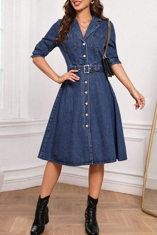 Half Sleeve Belted Denim Dress
