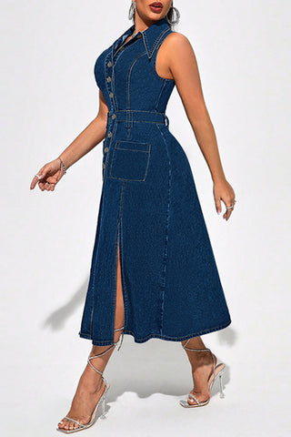 Sleeveless Button Denim Midi Dress
