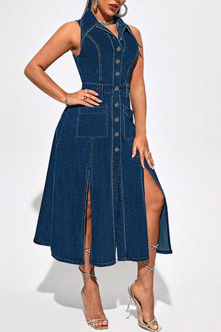 Sleeveless Button Denim Midi Dress