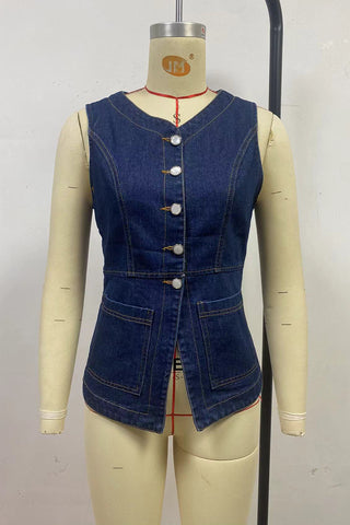 Sleeveless Button-Front Denim Top