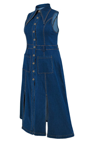 Sleeveless Button Denim Midi Dress