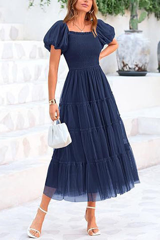 Puff-Sleeve Tiered Midi Dress