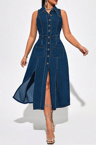 Sleeveless Button Denim Midi Dress