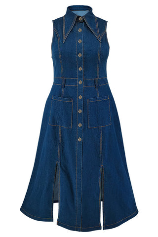 Sleeveless Button Denim Midi Dress