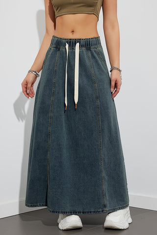 Drawstring Denim Maxi Skirt