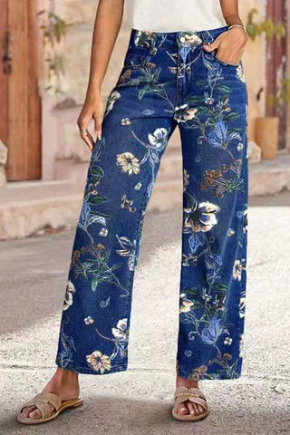 Floral Pattern High-Waisted Jeans
