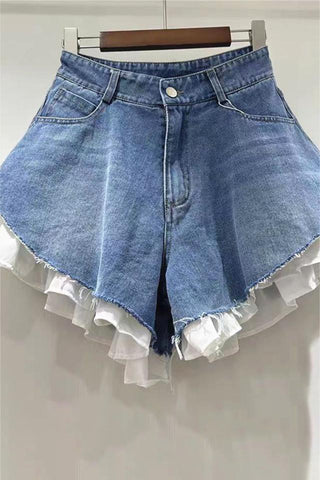 Layered Frill Hem Denim Shorts