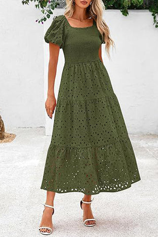 Square Neck Puff Sleeve Eyelet Dress