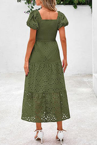 Square Neck Puff Sleeve Eyelet Dress