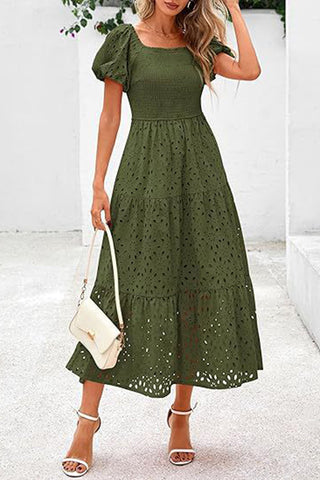 Square Neck Puff Sleeve Eyelet Dress