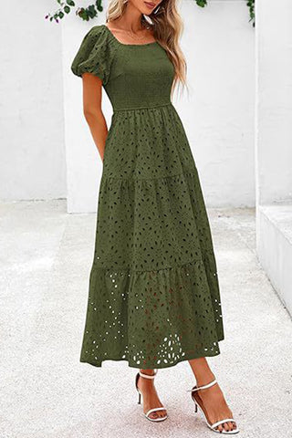 Square Neck Puff Sleeve Eyelet Dress
