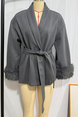 Belted Wrap Jacket with Fur Cuffs