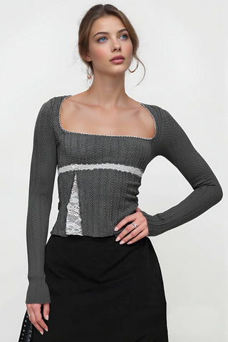 Ribbed Long-Sleeve Blouse with Lace Detail