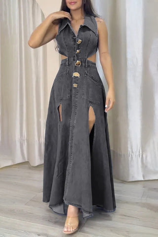 Cutout Belted Denim Maxi Dress
