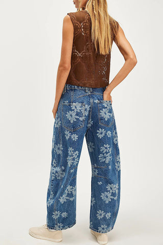 Heart Patterned Wide-Leg Jeans