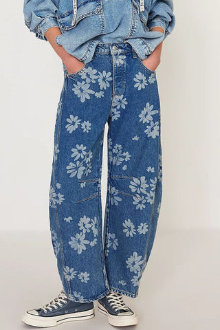 Heart Patterned Wide-Leg Jeans