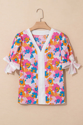 Contrast Trim Floral Puff Sleeve Blouse
