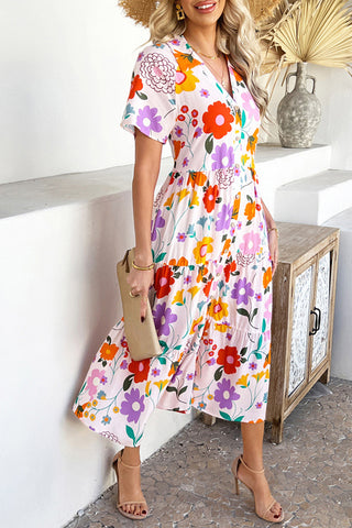 Floral Patchwork V-Neck Midi Dress