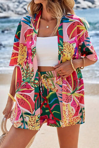 Patterned Kimono and Shorts Set