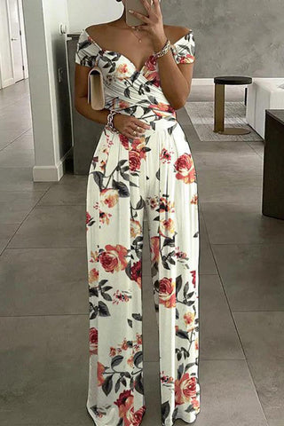 Off-Shoulder Floral Print Jumpsuit