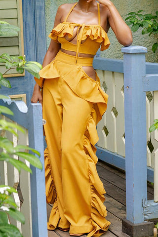 Ruffled Crop Top and Wide-Leg Pant Set