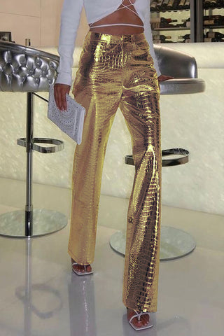 Glossy Crocodile-Pattern Casual Pants