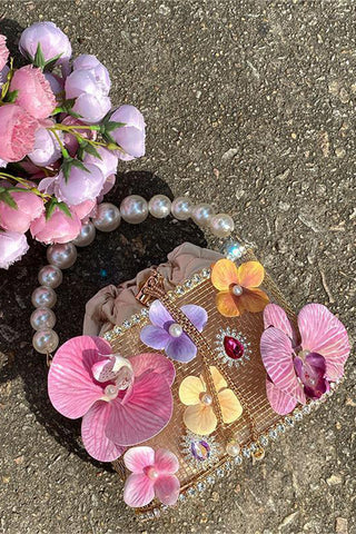 Floral Embellished Pearl Handle Bag