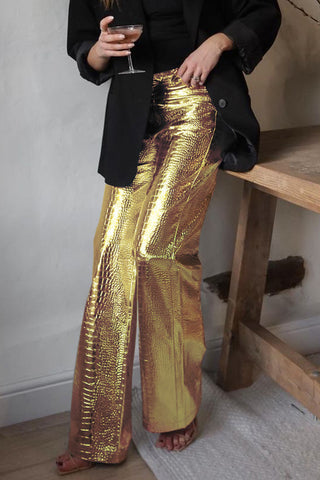 Glossy Crocodile-Pattern Casual Pants
