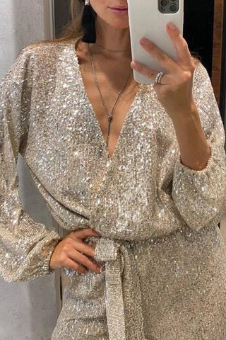 Sequin V-Neck Belted Jumpsuit