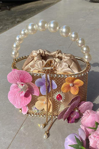 Floral Embellished Pearl Handle Bag