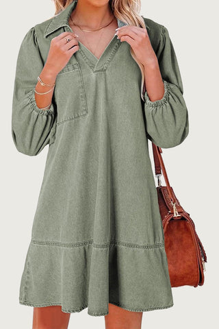 V-Neck Denim Dress with Puffed Sleeves
