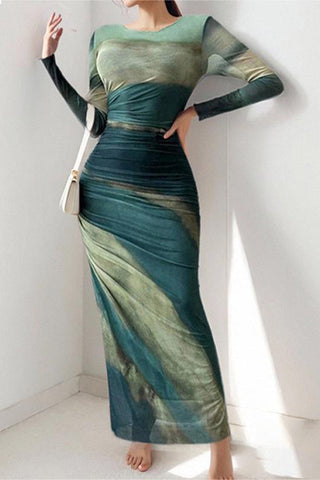 Long Sleeve Abstract Print Casual Dress