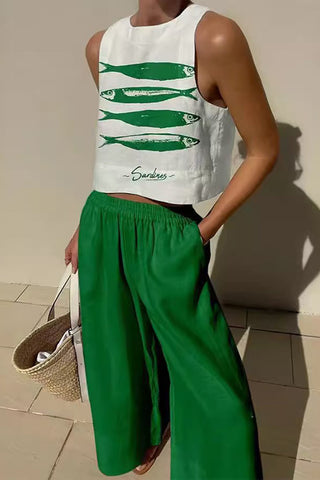 Fish Print Crop Top and Wide-Leg Pants Set