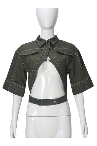 Cropped Open Front Jacket with Buckle Detail