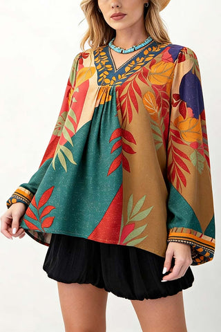 Patterned Blouse with V-Neck Detail