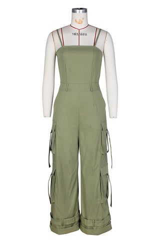 Wide-Leg Cargo Jumpsuit with Straps