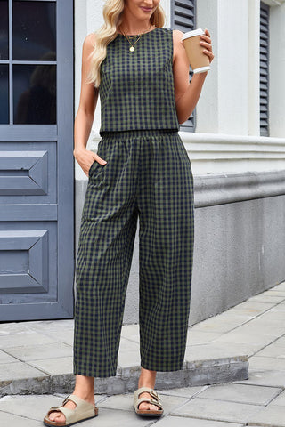Checkered Sleeveless Pants Set