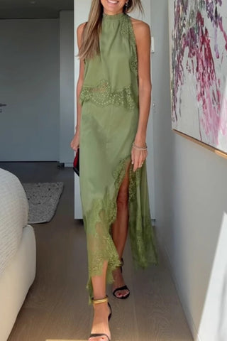 Lace Trim Sleeveless Top & Slit Skirt Set