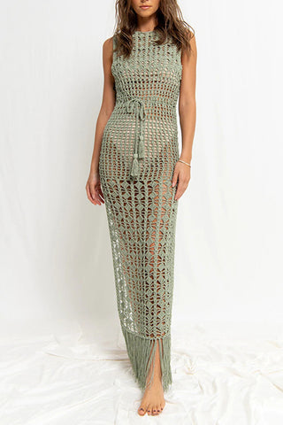 Sleeveless Crochet Dress with Fringe Hem