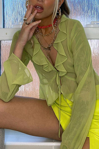 Sheer Ruffle Tie-Front Blouse