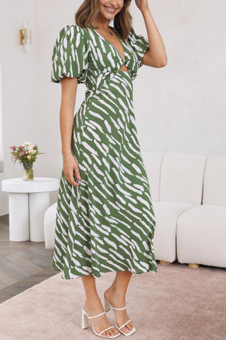Puff Sleeve Printed Midi Dress