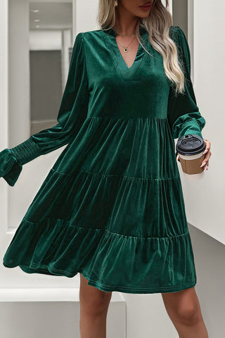 V-Neck Tiered Dress with Smocked Sleeves